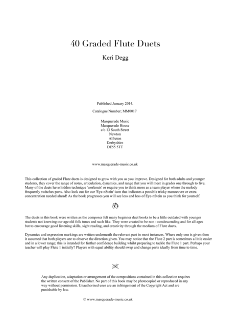 40 Graded Flute Duets (Grades 1-5) in various styles (Ragtime, Classical, Baroque, Comedy, Jazz, and Flute Duet scores gallery preview page 1