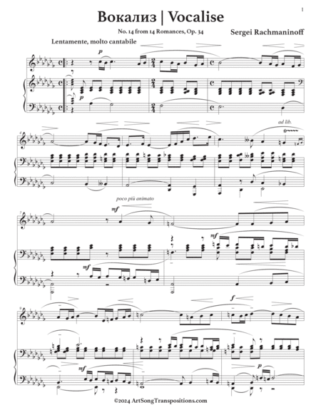 RACHMANINOFF: Vocalise, Op. 34 no. 14 (transposed to A-flat minor)