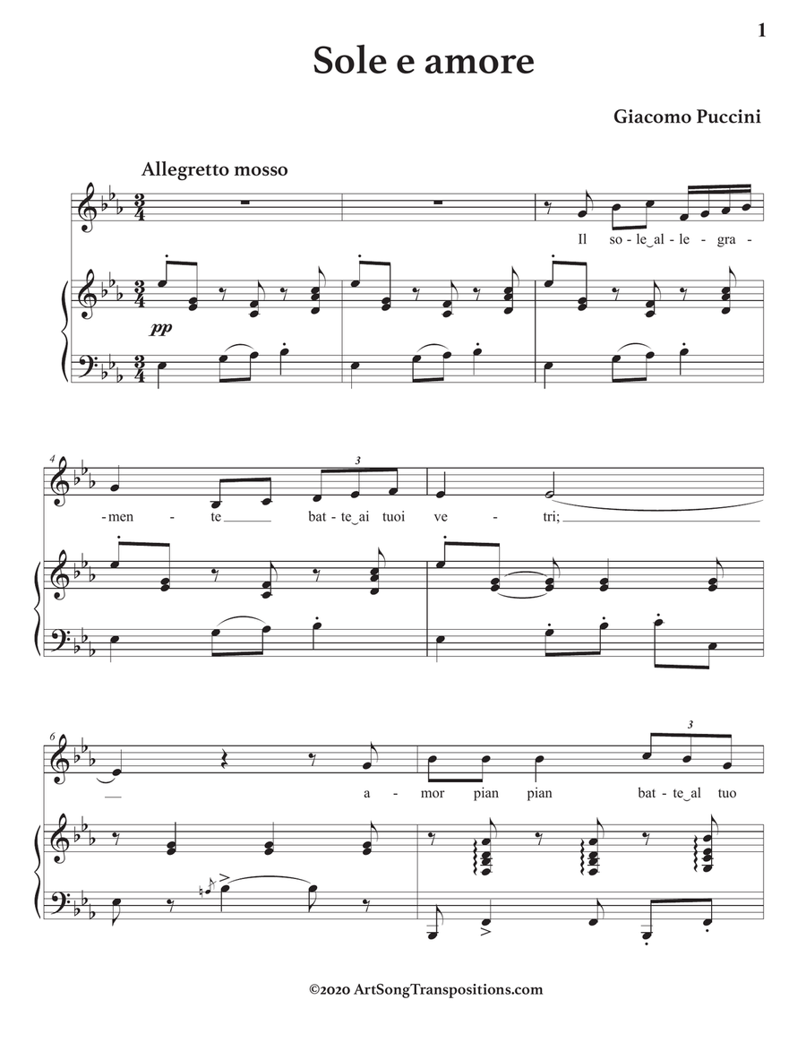PUCCINI: Sole e amore (transposed to E-flat major) Piano, Vocal scores gallery preview page 2