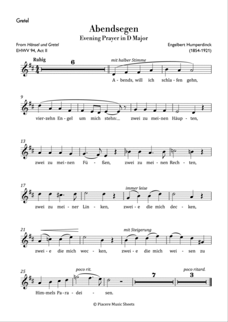 Humperdinck - Evening Prayer (Abendsegen) in D Major - Intermediate Piano scores gallery preview page 6