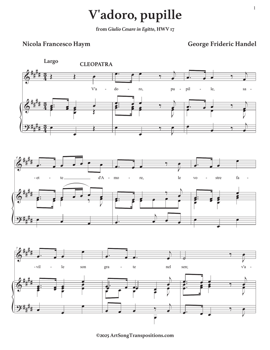 HANDEL: V'adoro, pupille (transposed to E major) Piano, Vocal scores gallery preview page 2