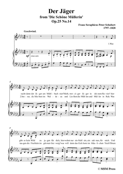 Schubert-Der Jäger,from 'Die Schöne Müllerin',Op.25 No.14,in b flat minor,for Voice&PnoSchubert image number null