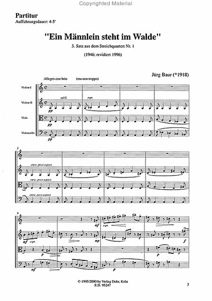 Ein Männlein steht im Walde für Streichquartett (1946/96) (3. Satz aus dem Streichquartett Nr. 1)