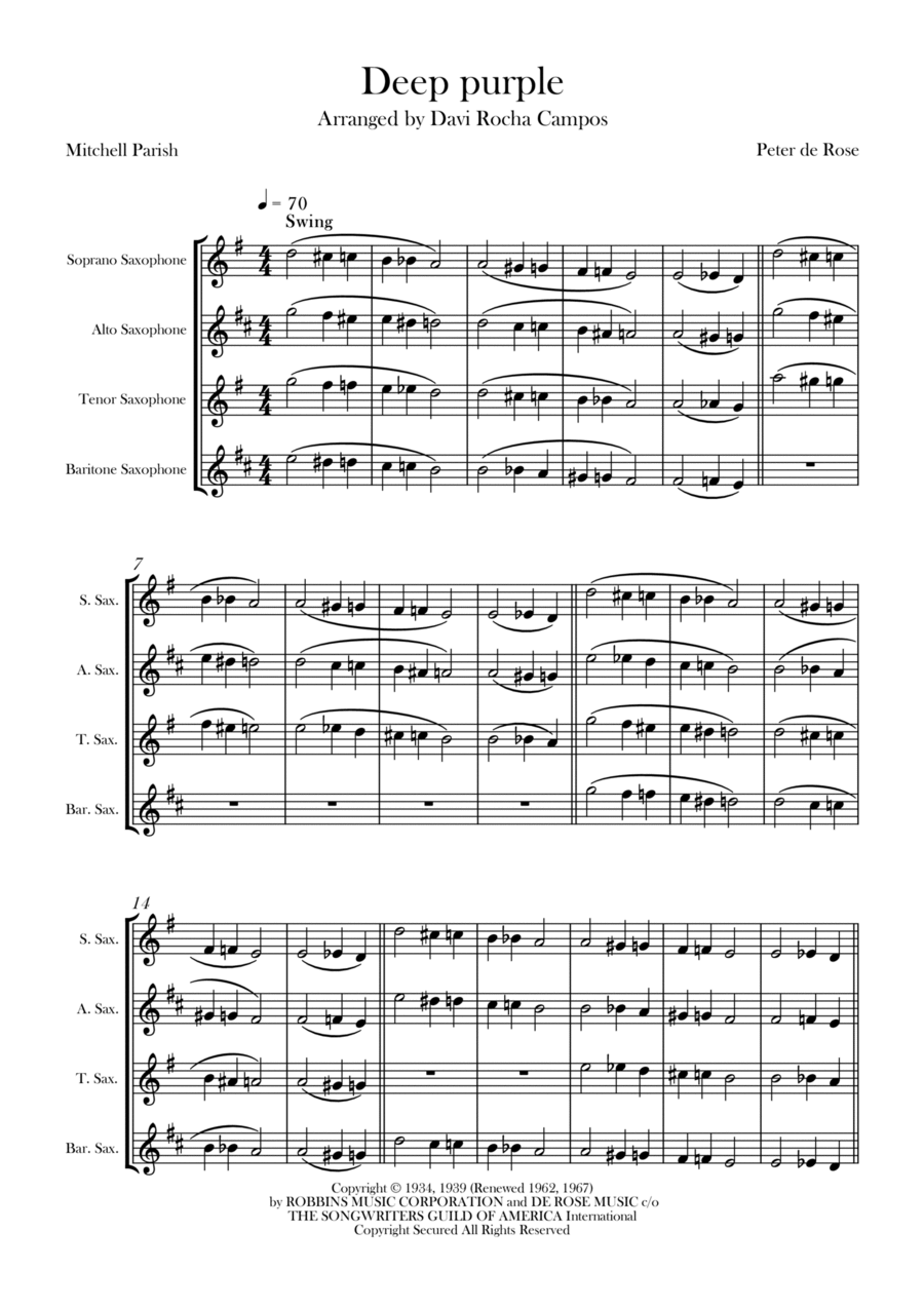 Deep Purple Saxophone Quartet scores gallery preview page 1