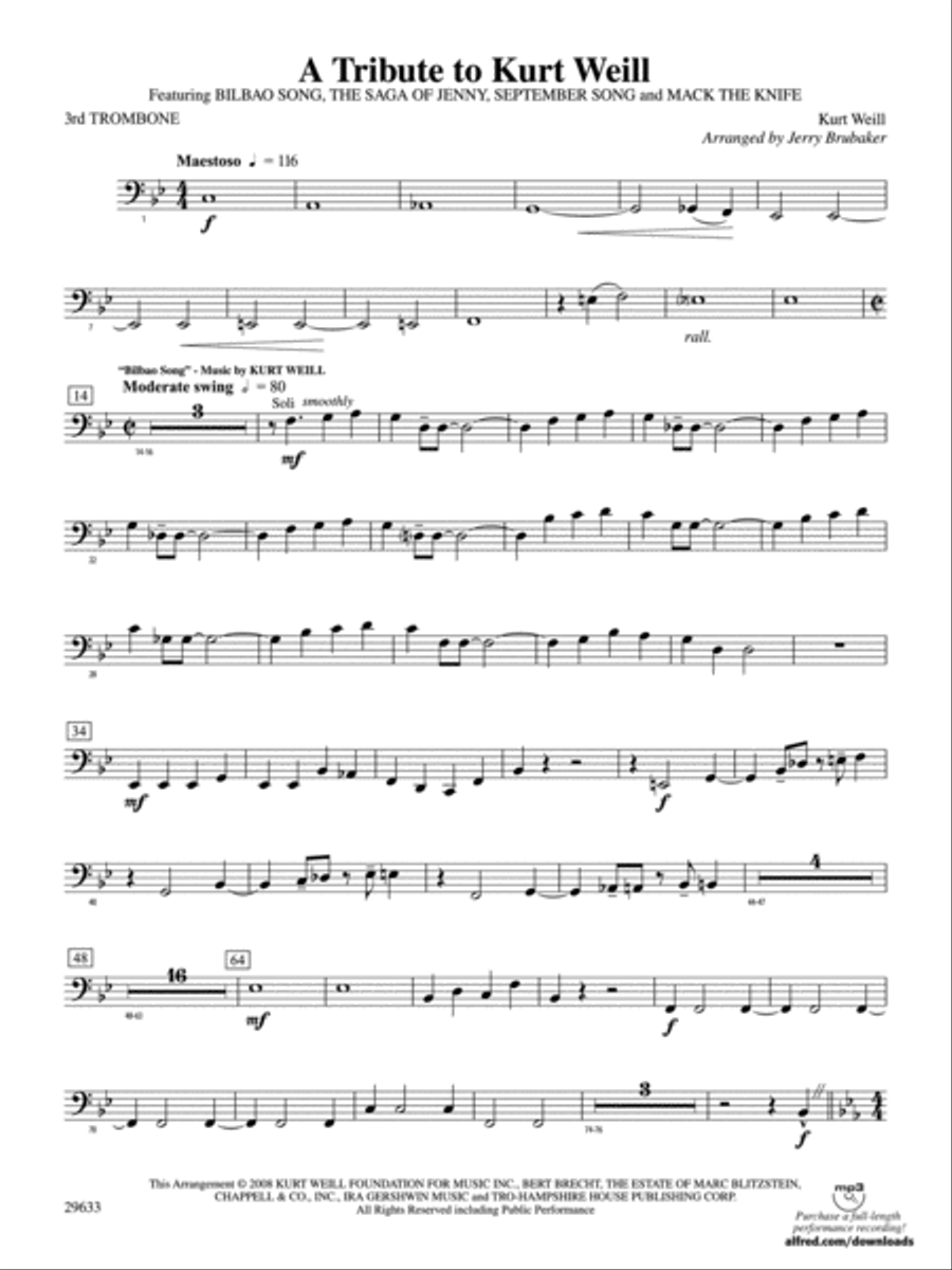 A Tribute to Kurt Weill: 3rd Trombone Concert Band scores gallery preview page 1