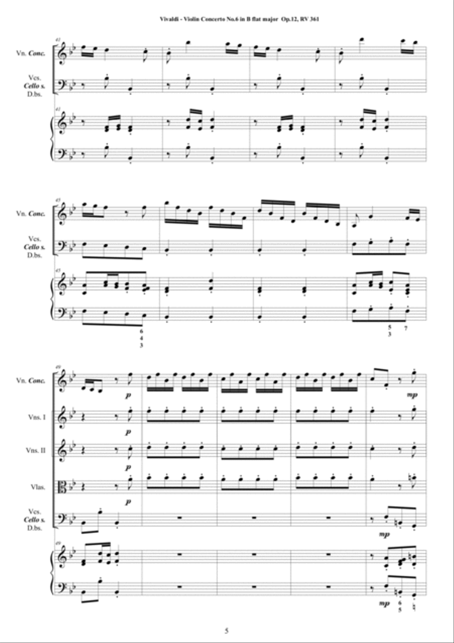 Vivaldi - Violin Concerto No.6 in B flat major Op.12 RV 361 for Violin, Strings and Cembalo Chamber Orchestra scores gallery preview page 5