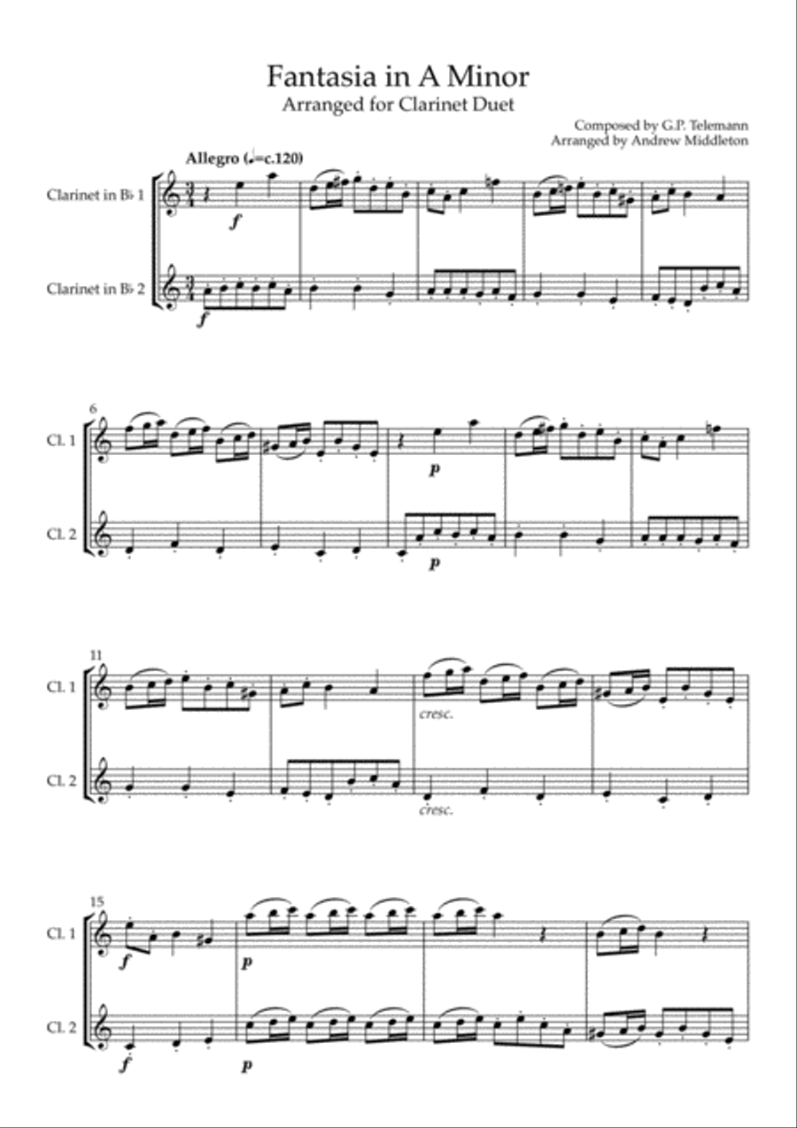 Fantasia in A Minor arranged for Clarinet Duet Clarinet Duet scores gallery preview page 3