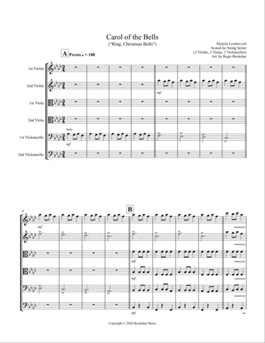 Carol of the Bells (F min) (String Sextet - 2 Violin, 2 Viola, 2 Cello) Cello scores gallery preview page 1