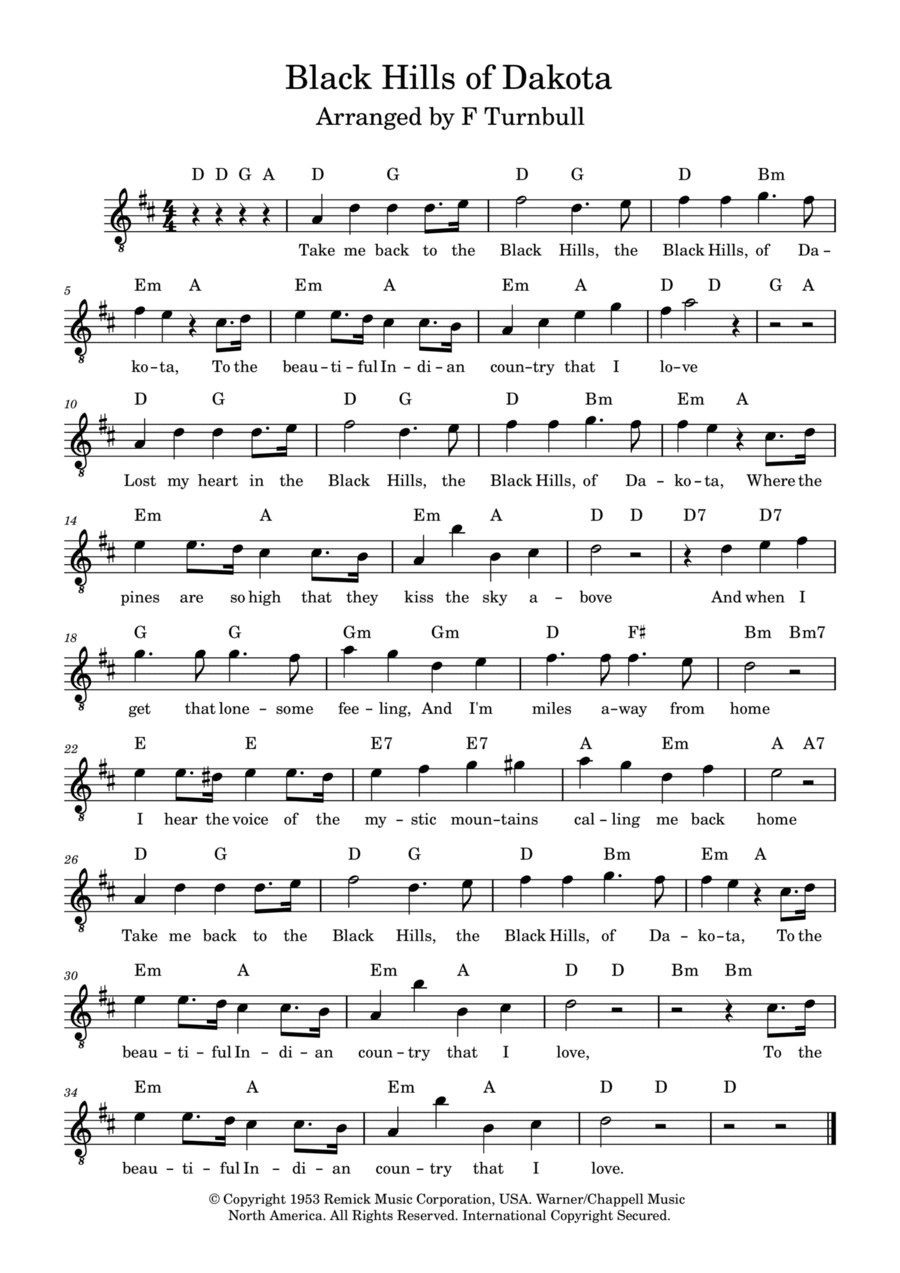 Black Hills Of Dakota Black Hills Of Dakota Piano, Vocal, Guitar scores gallery preview page 1