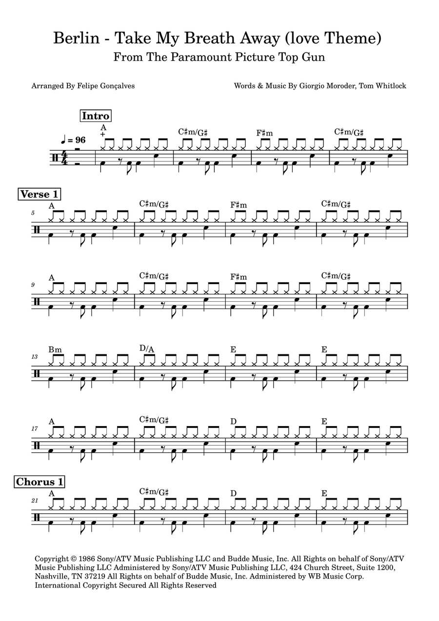 Take My Breath Away (Love Theme) Drum Set scores gallery preview page 1