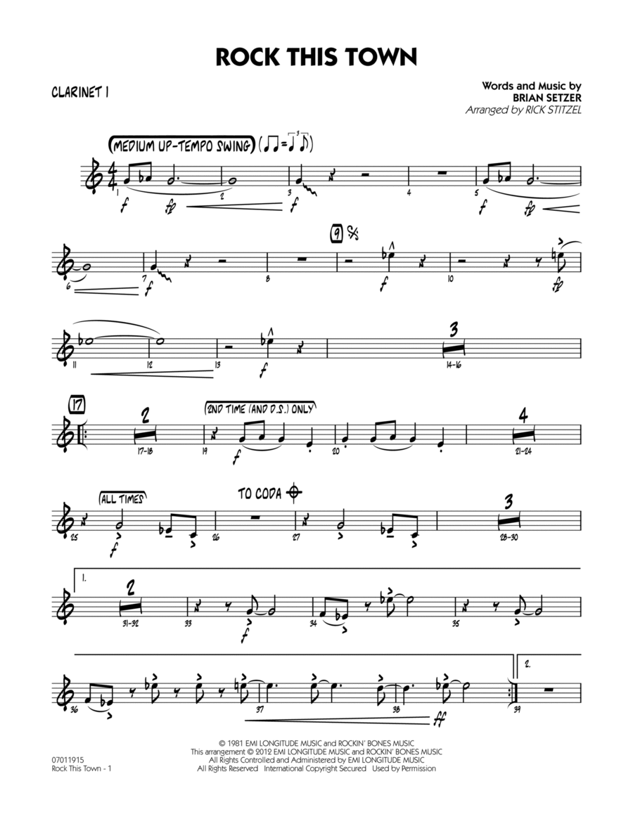 Rock This Town - Bb Clarinet 1 Jazz Ensemble scores gallery preview page 1