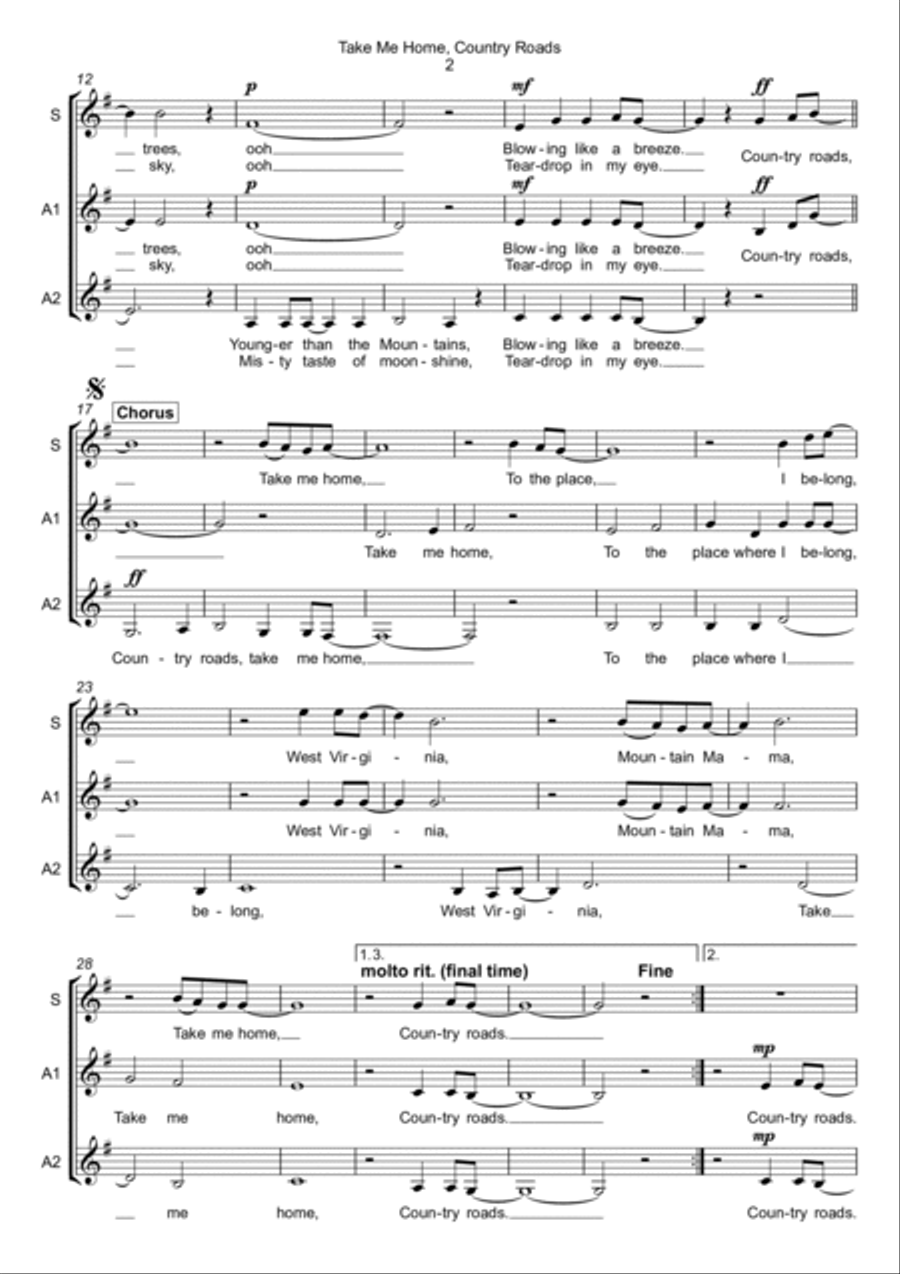 Take Me Home, Country Roads A Cappella scores gallery preview page 2