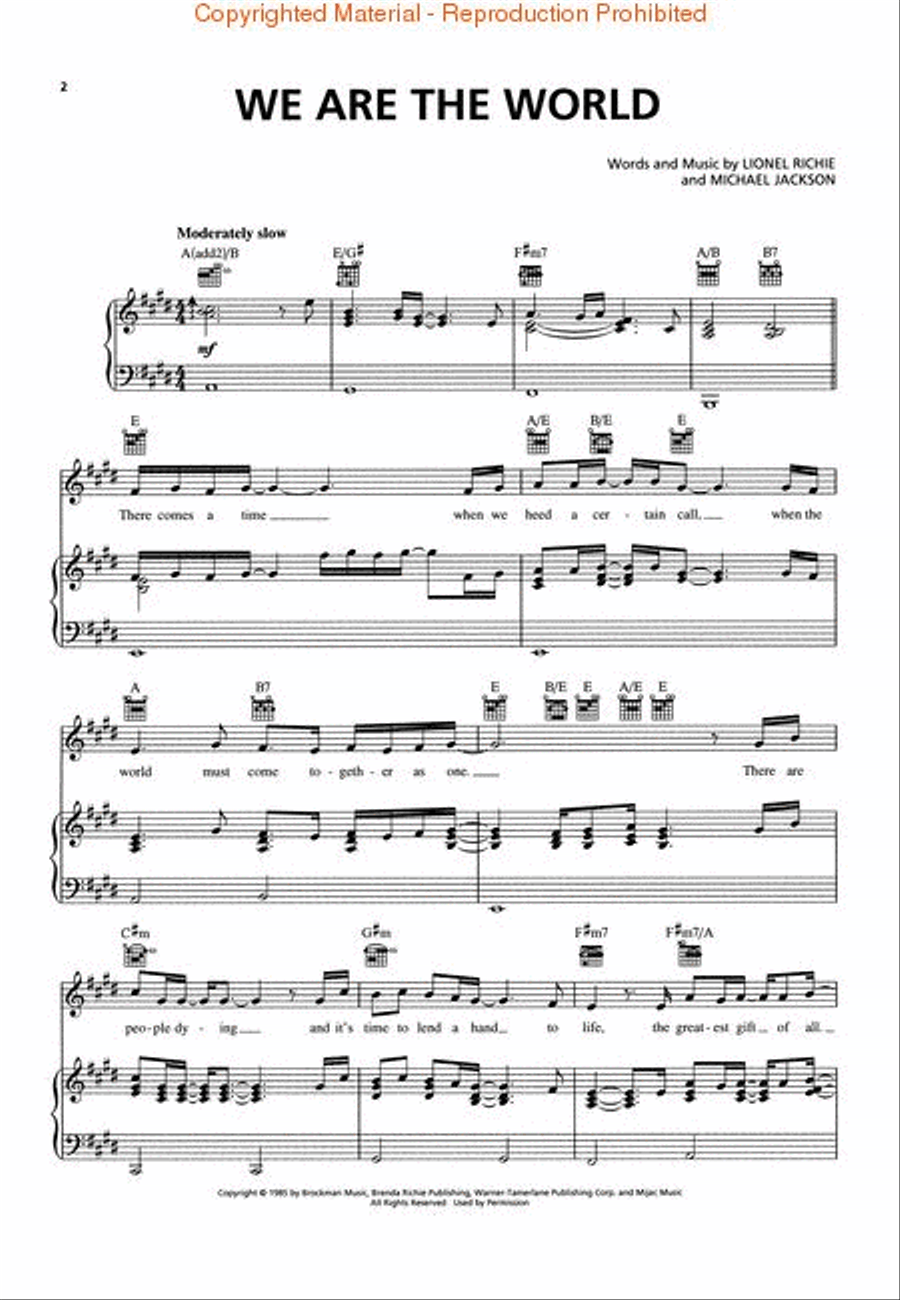 We Are the World Piano, Vocal, Guitar scores gallery preview page 2