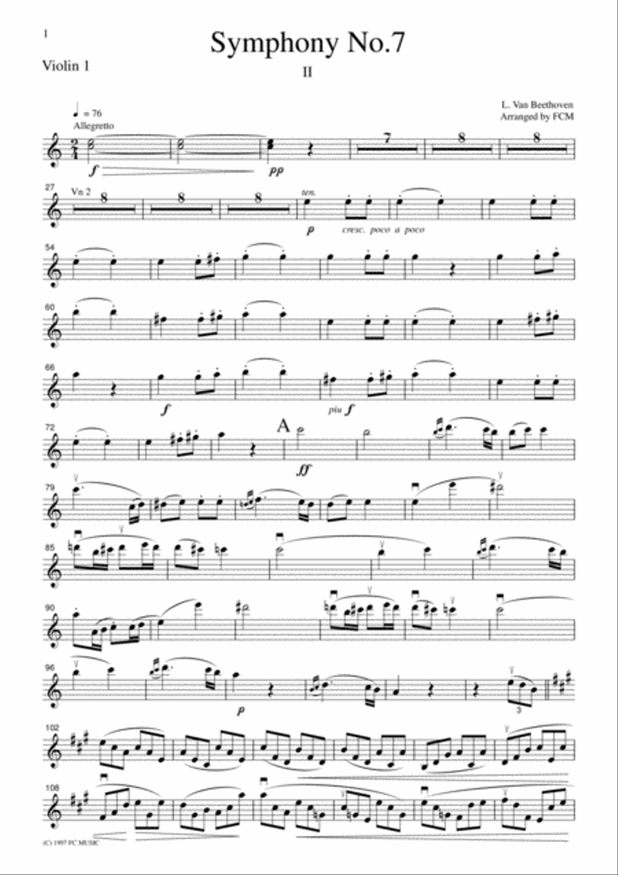 Beethoven Symphony No.7, 2nd mvt., for string quartet, CB003 String Quartet scores gallery preview page 6