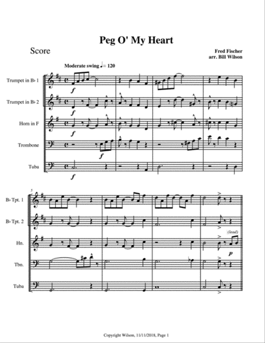 Peg O' My Heart Brass Quintet scores gallery preview page 2