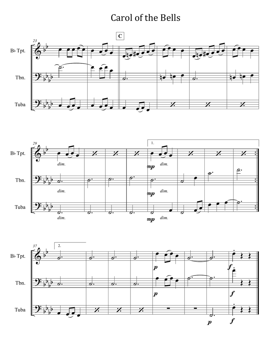 Carol of the Bells for Brass Trio (Trumpet, Trombone, Tuba) Brass Trio scores gallery preview page 2