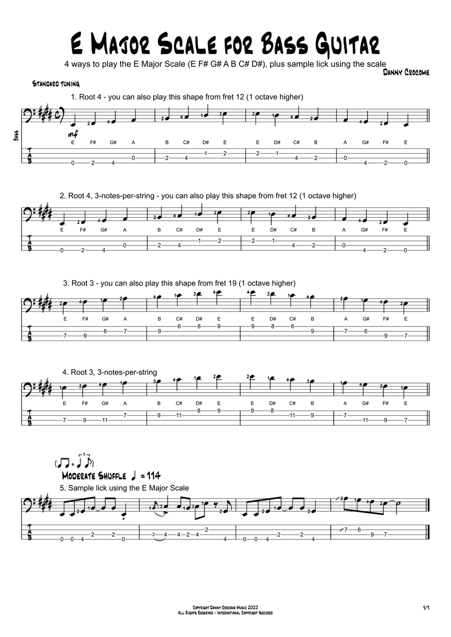 E Major Scale for Bass Guitar (4 Ways to Play) Acoustic Guitar scores gallery preview page 1