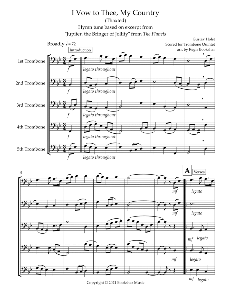 I Vow to Thee, My Country (Thaxted) (Bb) (Trombone Quintet) Brass Ensemble scores gallery preview page 1