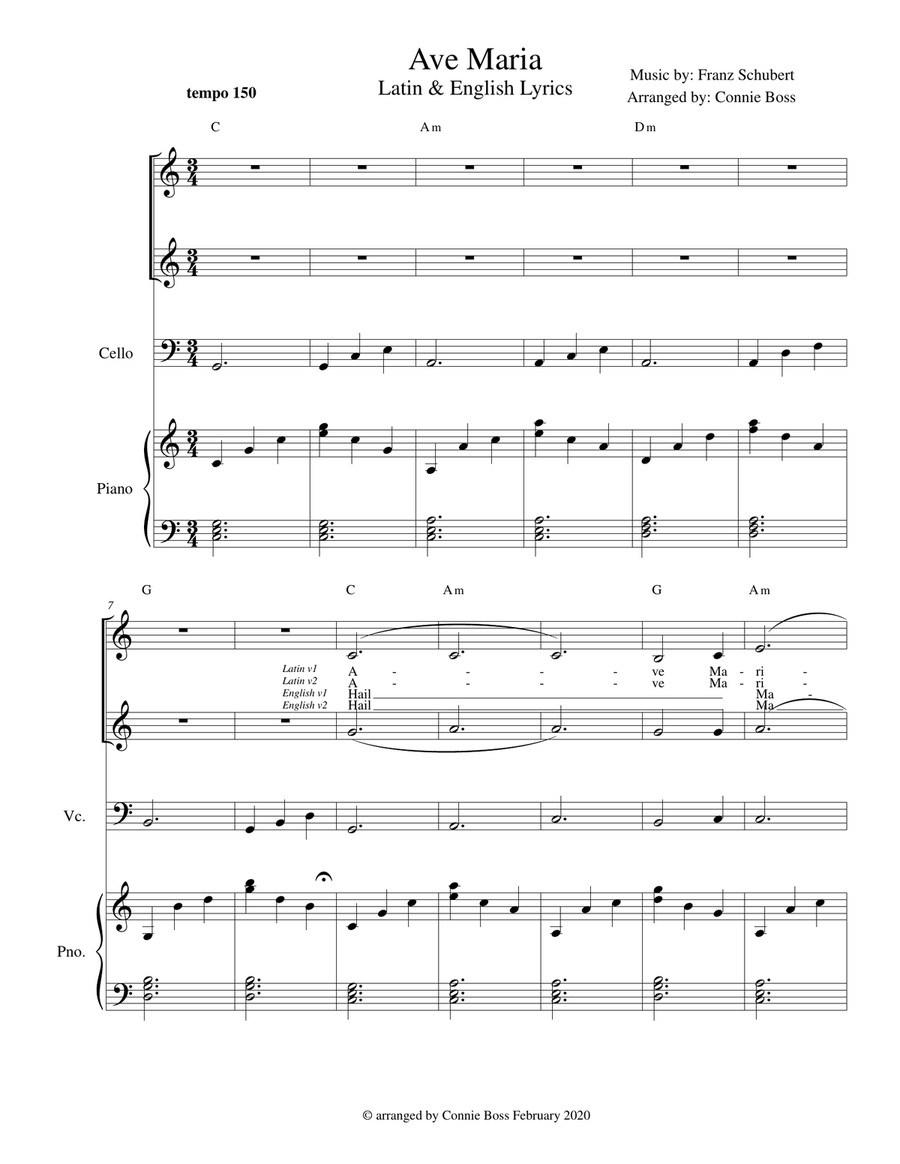 Ave Maria - duet Latin and English lyrics incl for flute or violin or cello, voice duet and piano Small Ensemble scores gallery preview page 1
