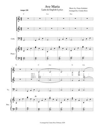 Ave Maria - Latin and English lyrics included for flute or violin or cello, voice duet and piano