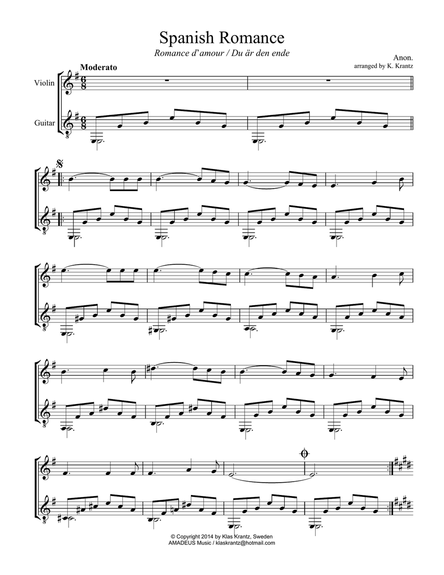 Spanish Romance, Romanza for violin and guitar (E Minor) String Duet scores gallery preview page 1