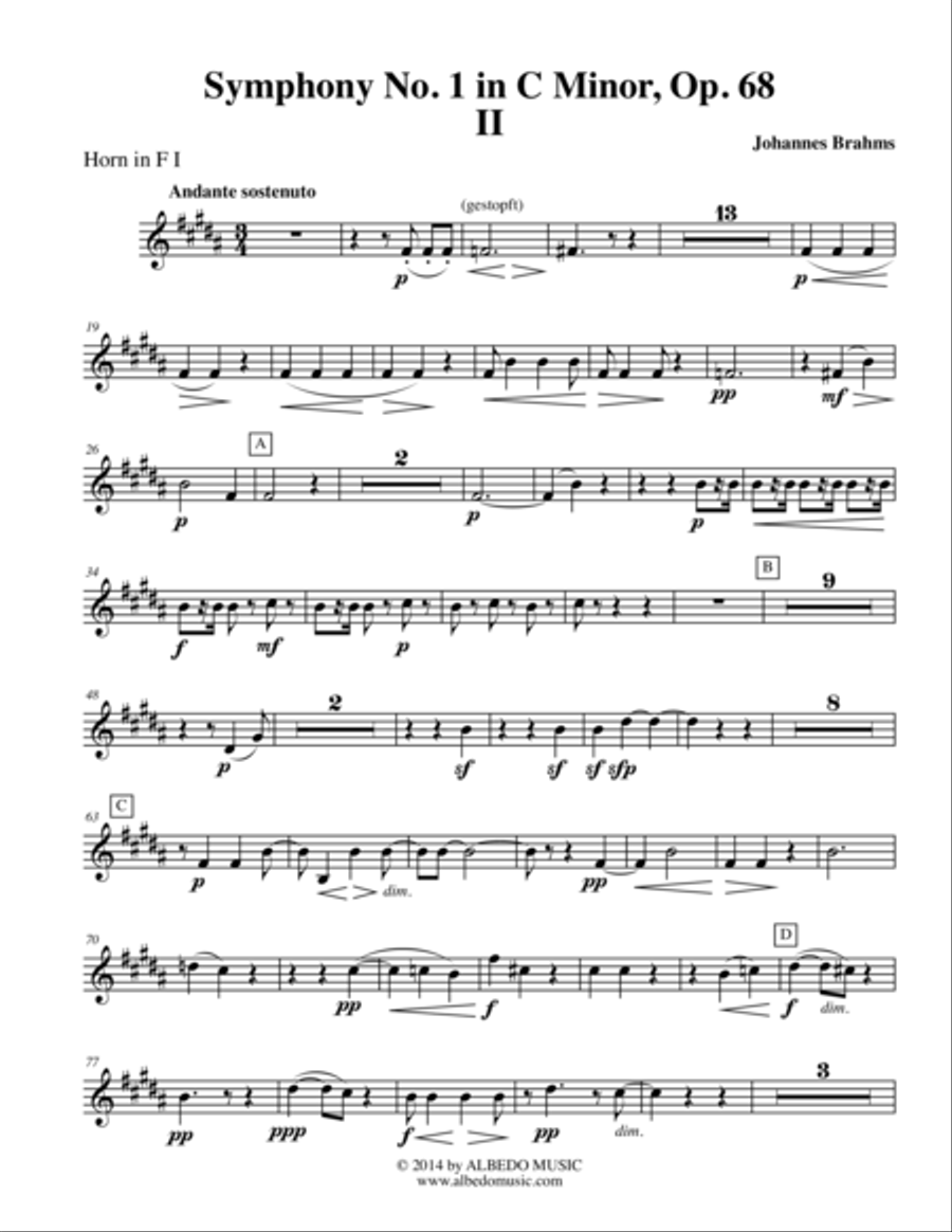 Brahms Symphony No. 1, Movement II - Horn in F 1 (Transposed Part), Op. 68 Horn Solo scores gallery preview page 1