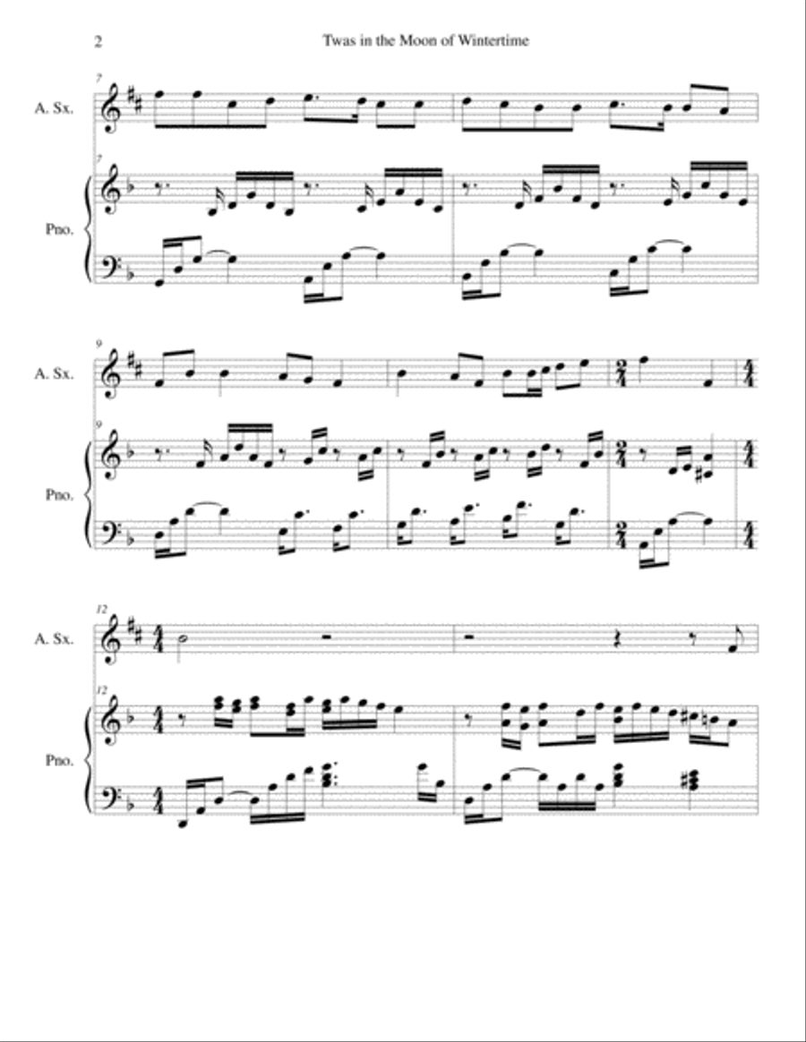Twas in the Moon of Wintertime/The Huron Carol (alto sax/piano), arr. Brenda Portman Alto Saxophone scores gallery preview page 2