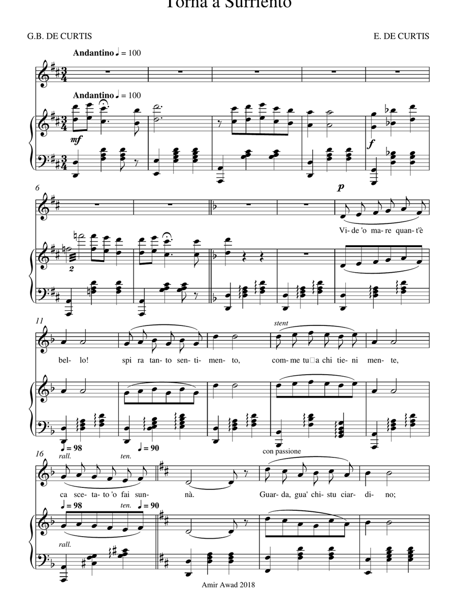 Torna a Surriento : Voice and Piano in D Piano, Vocal scores gallery preview page 1