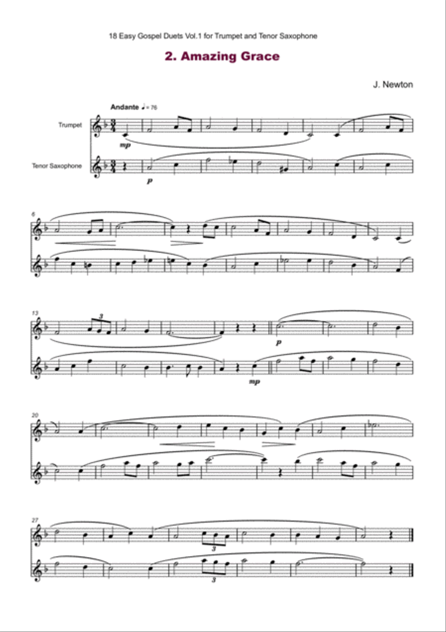 18 Easy Gospel Duets Vol.1 for Trumpet and Tenor Saxophone Tenor Saxophone scores gallery preview page 4