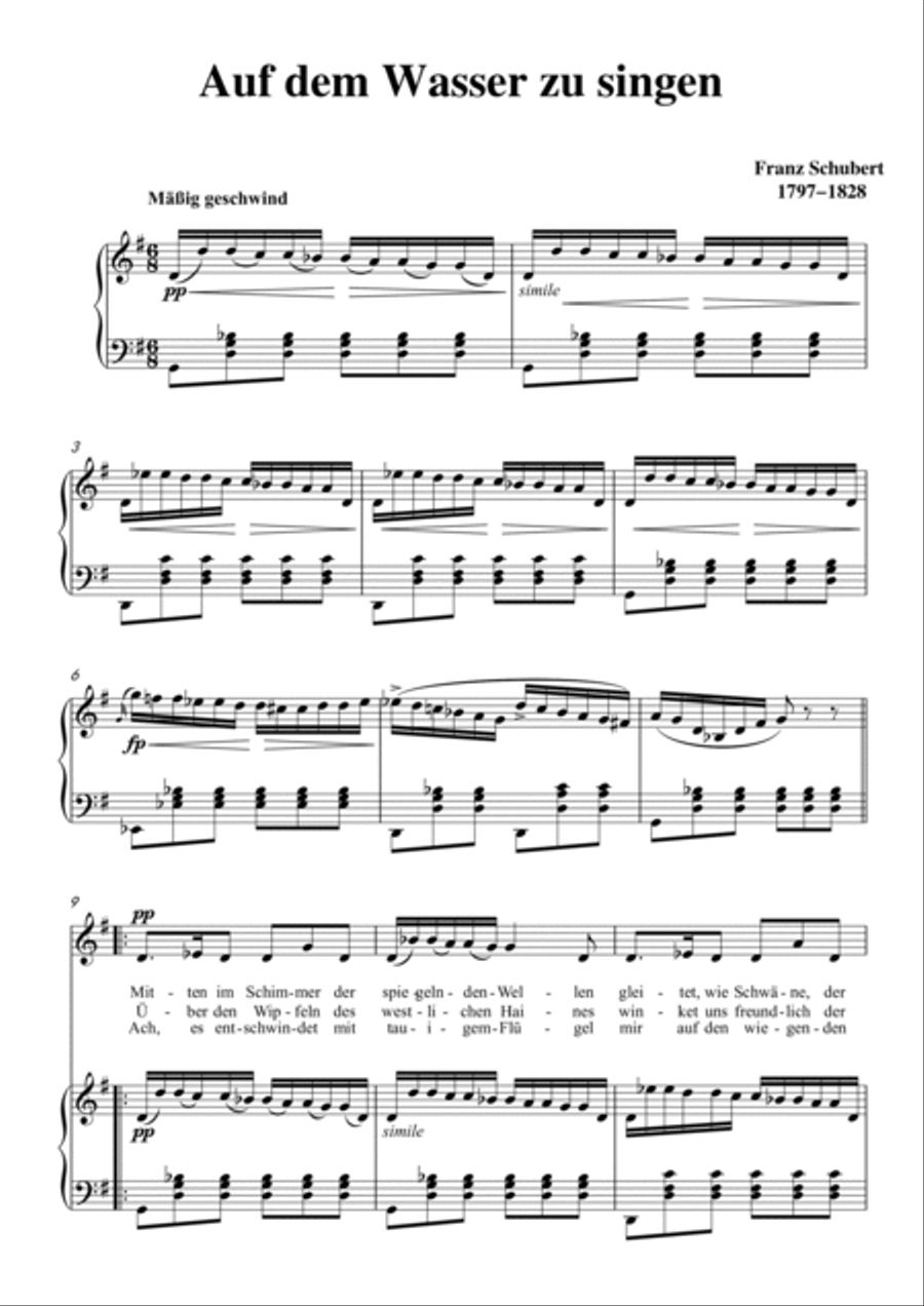 Schubert-Auf dem Wasser zu singen inG for Vocal and Piano Voice scores gallery preview page 2