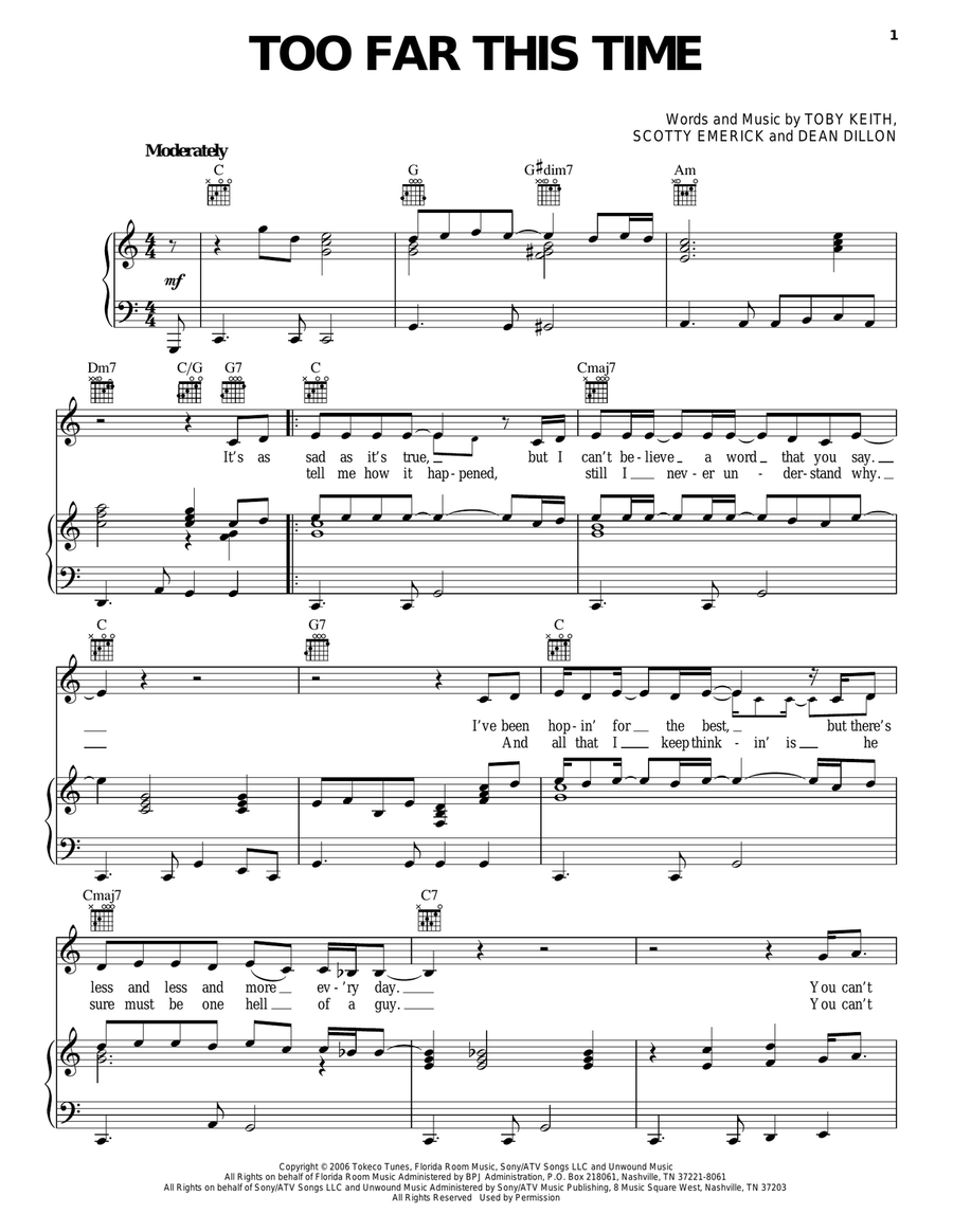 Too Far This Time Piano, Vocal, Guitar scores gallery preview page 1