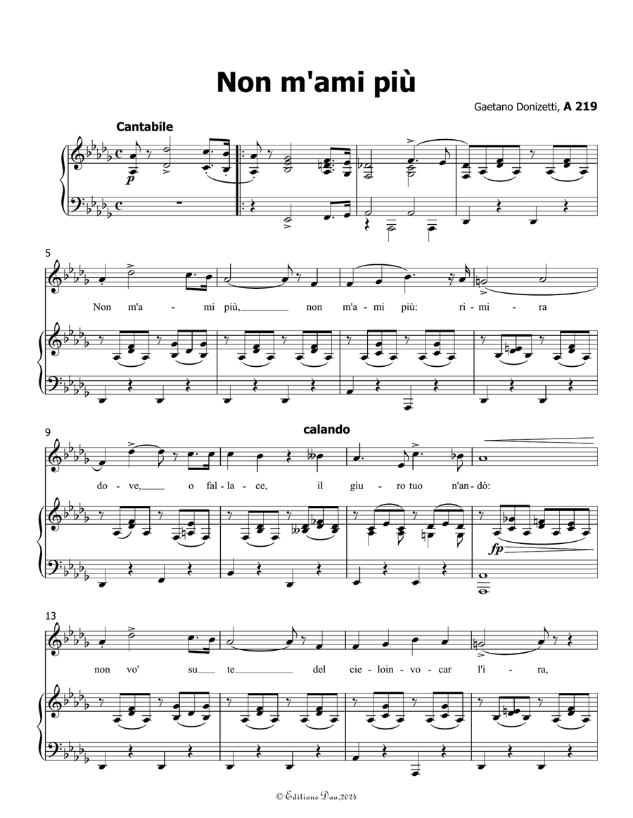 Non m'ami più, by Donizetti, in D flat Major Piano, Vocal scores gallery preview page 3