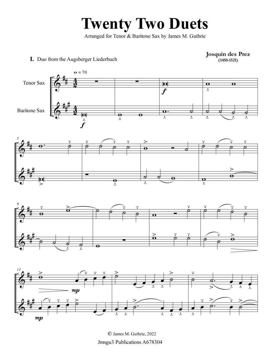 Josquin: 22 Duets for Tenor & Baritone Sax Woodwind Duet scores gallery preview page 1