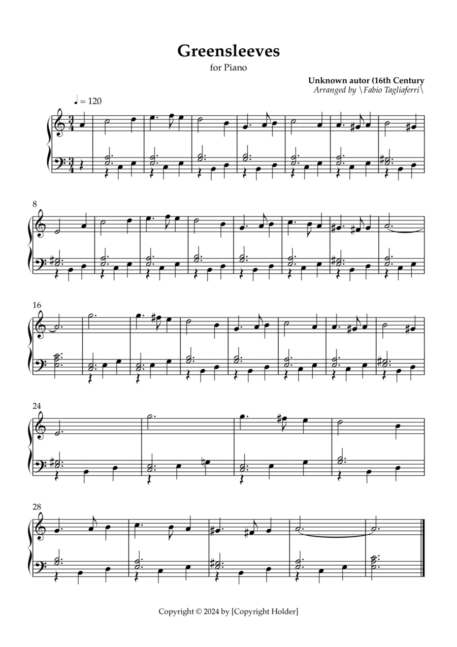 Greensleeves Easy Piano scores gallery preview page 1