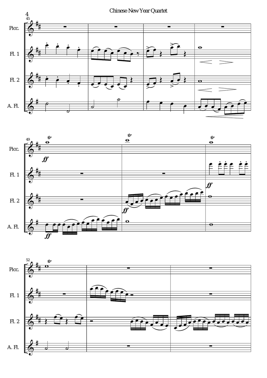 Chinese New Year Celebration for flute quartet (piccolo, 2 flutes, alto flute) Flute Quartet scores gallery preview page 4