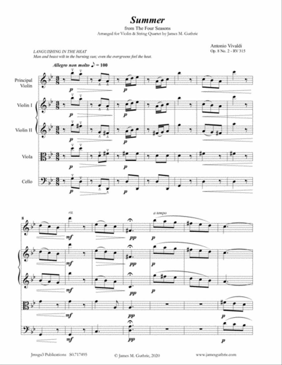 Vivaldi: Summer from the Four Seasons for Violin & String Quartet String Quartet scores gallery preview page 1