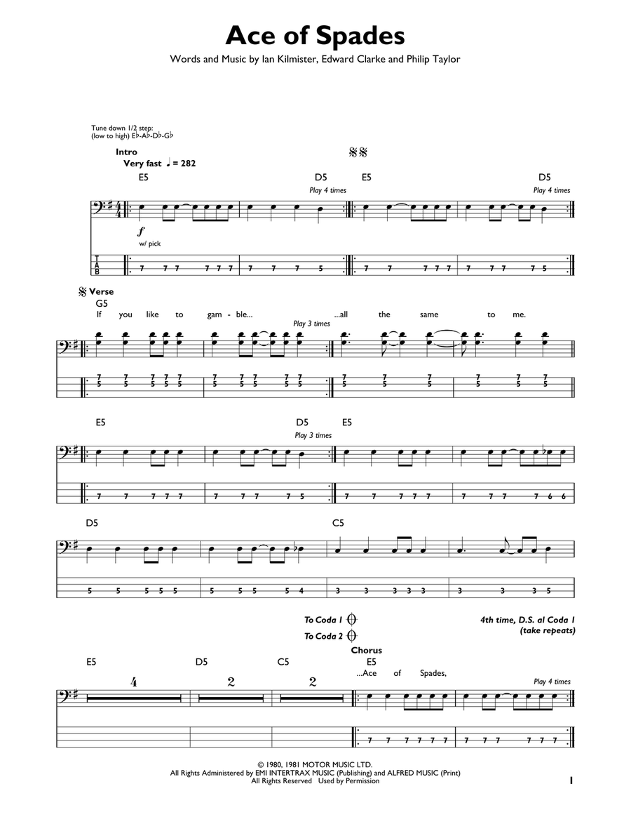 Ace Of Spades Ace Of Spades Bass Guitar scores gallery preview page 1