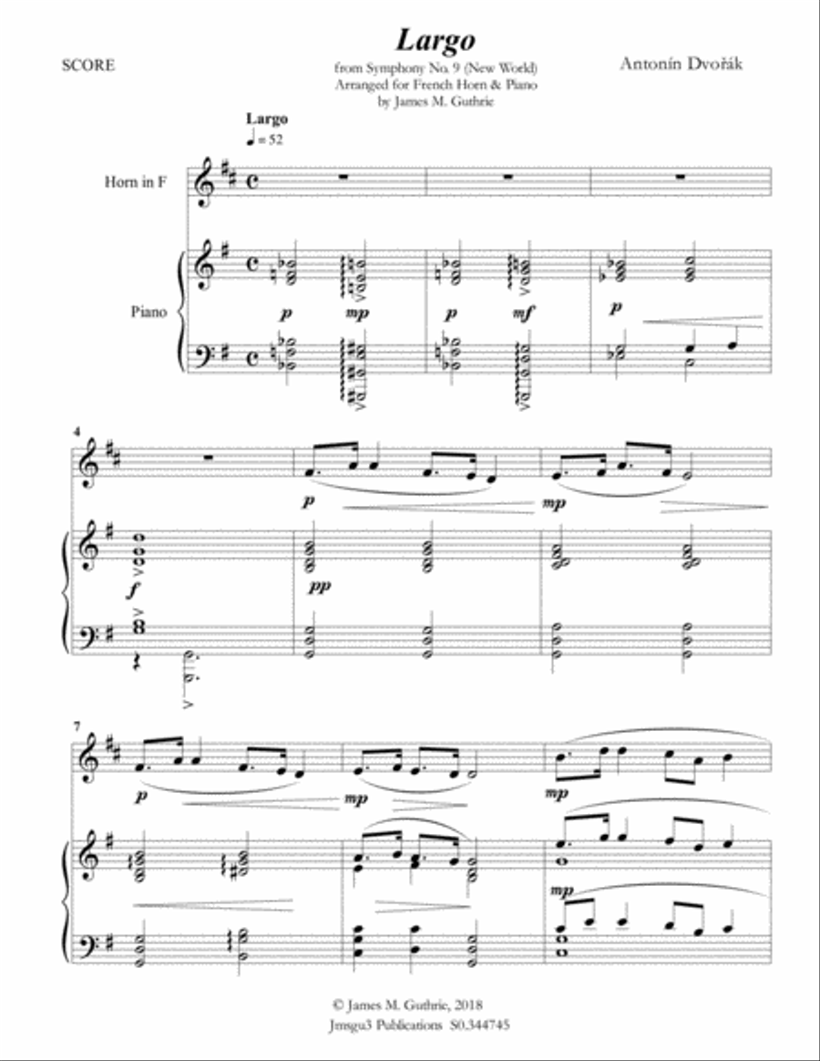 Dvořák: Largo from the New World Symphony for French Horn & Piano Horn scores gallery preview page 1