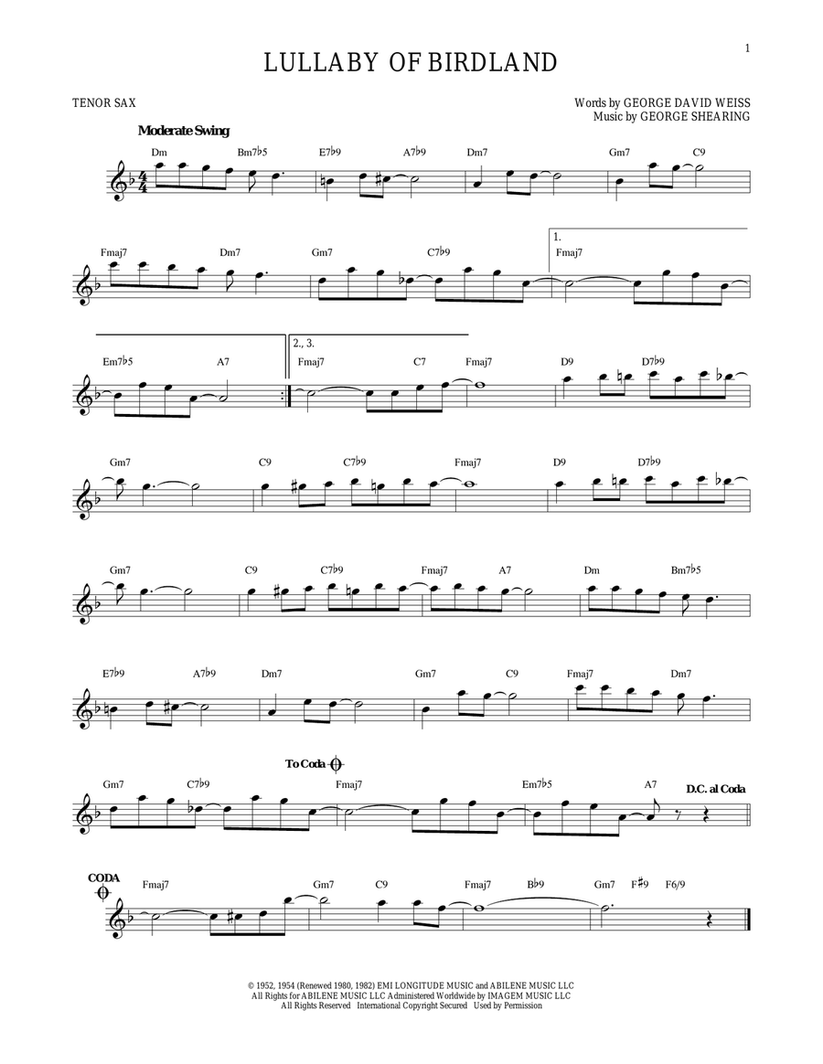 Lullaby Of Birdland Lullaby Of Birdland Tenor Saxophone scores gallery preview page 1