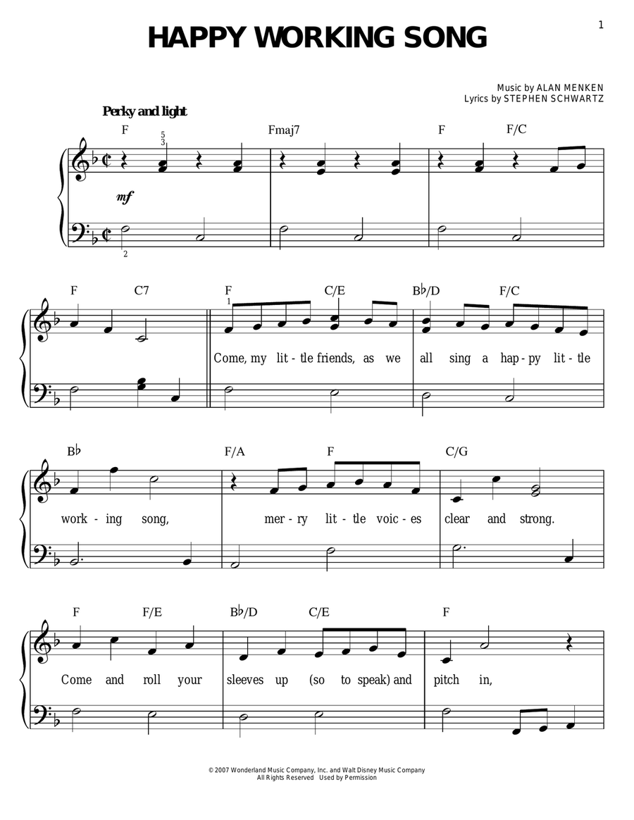Happy Working Song (from Enchanted) Easy Piano scores gallery preview page 1