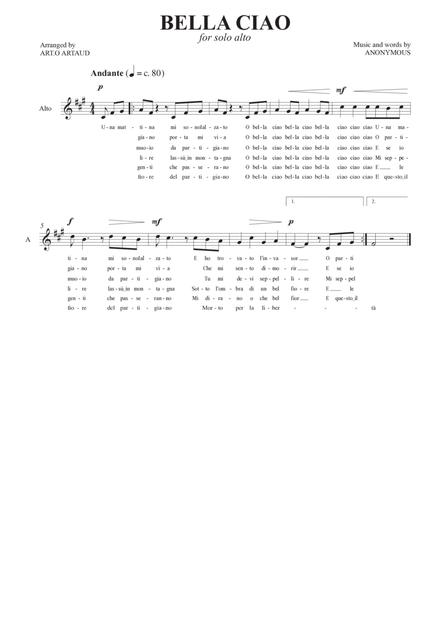 Bella Ciao Bella Ciao Alto Voice scores gallery preview page 1