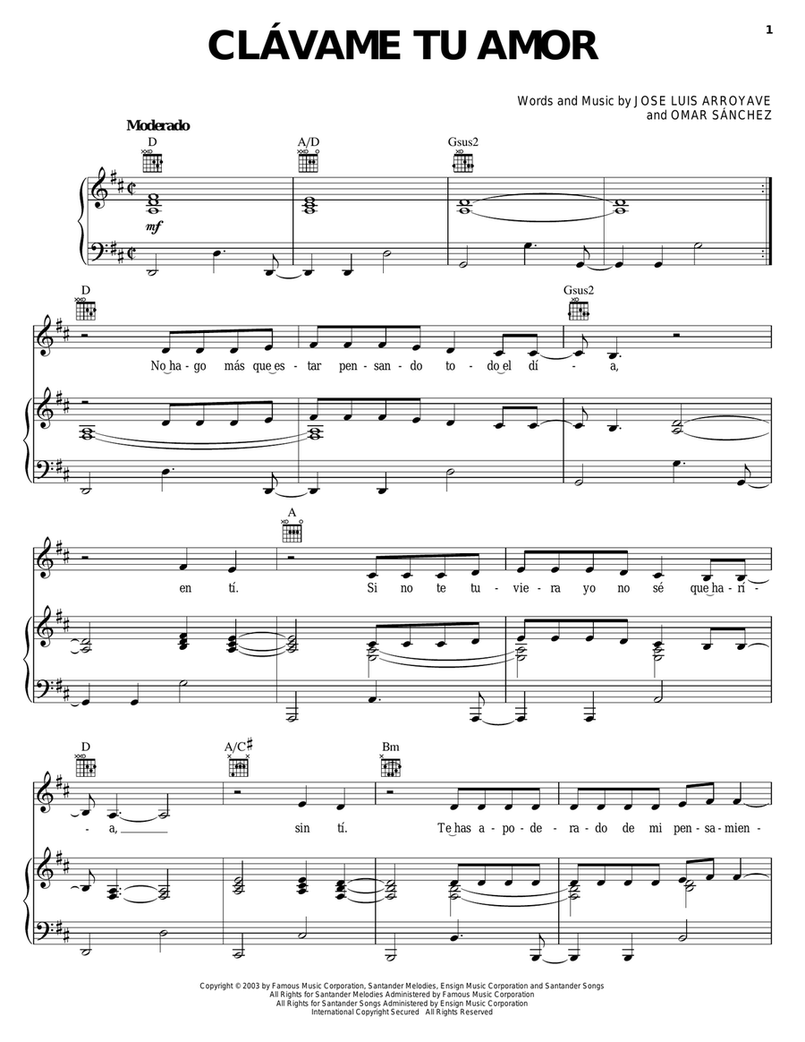 Clavame Tu Amor Clavame Tu Amor Piano, Vocal, Guitar scores gallery preview page 1