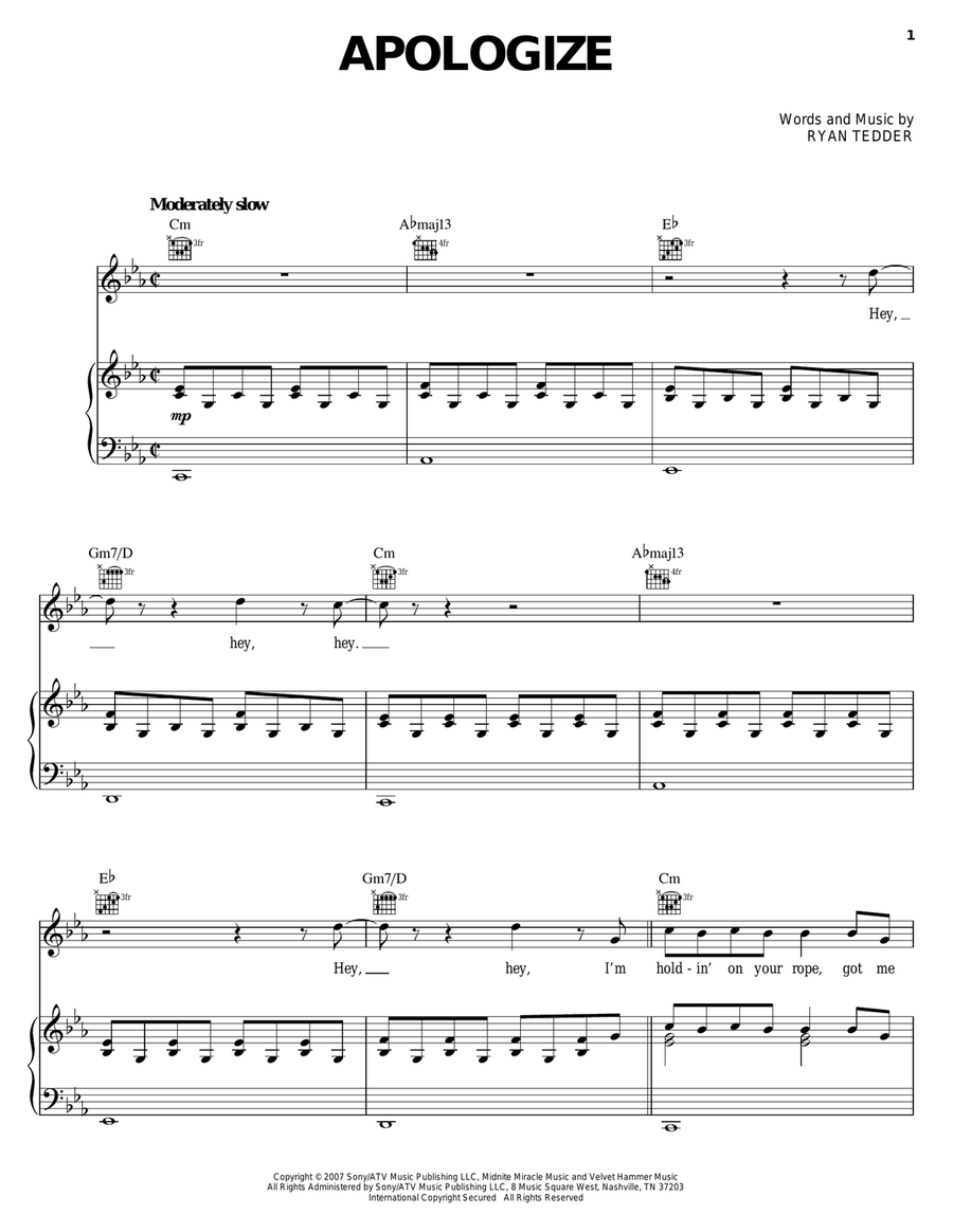 Apologize Piano, Vocal, Guitar scores gallery preview page 1