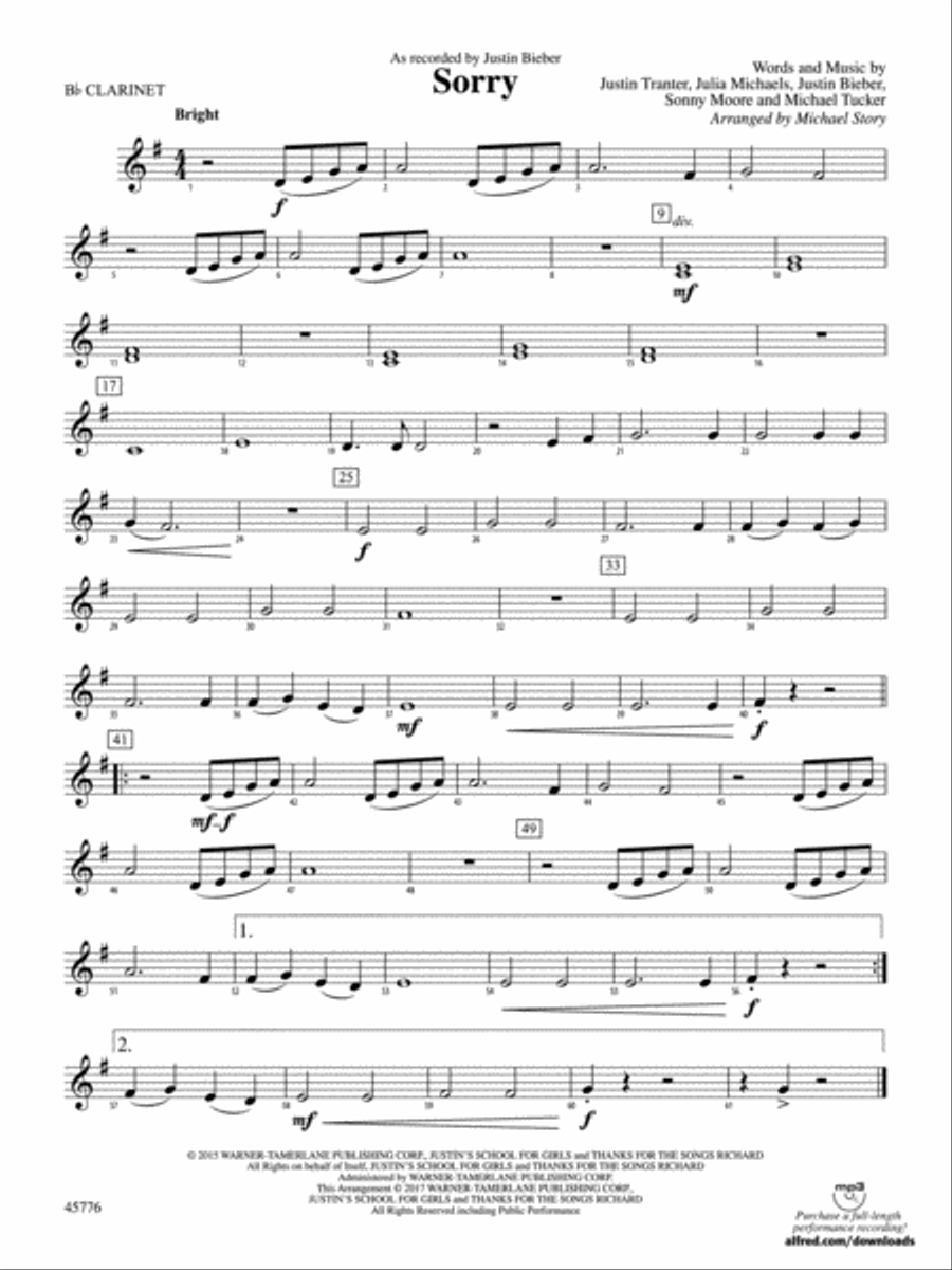Sorry: 1st B-flat Clarinet Concert Band scores gallery preview page 1