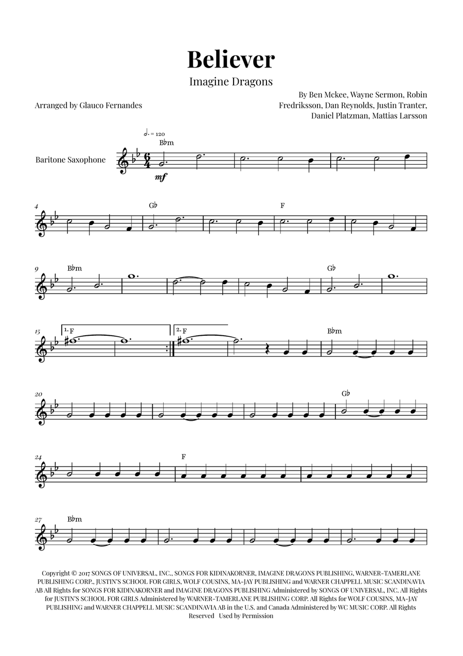 Believer Baritone Saxophone scores gallery preview page 1