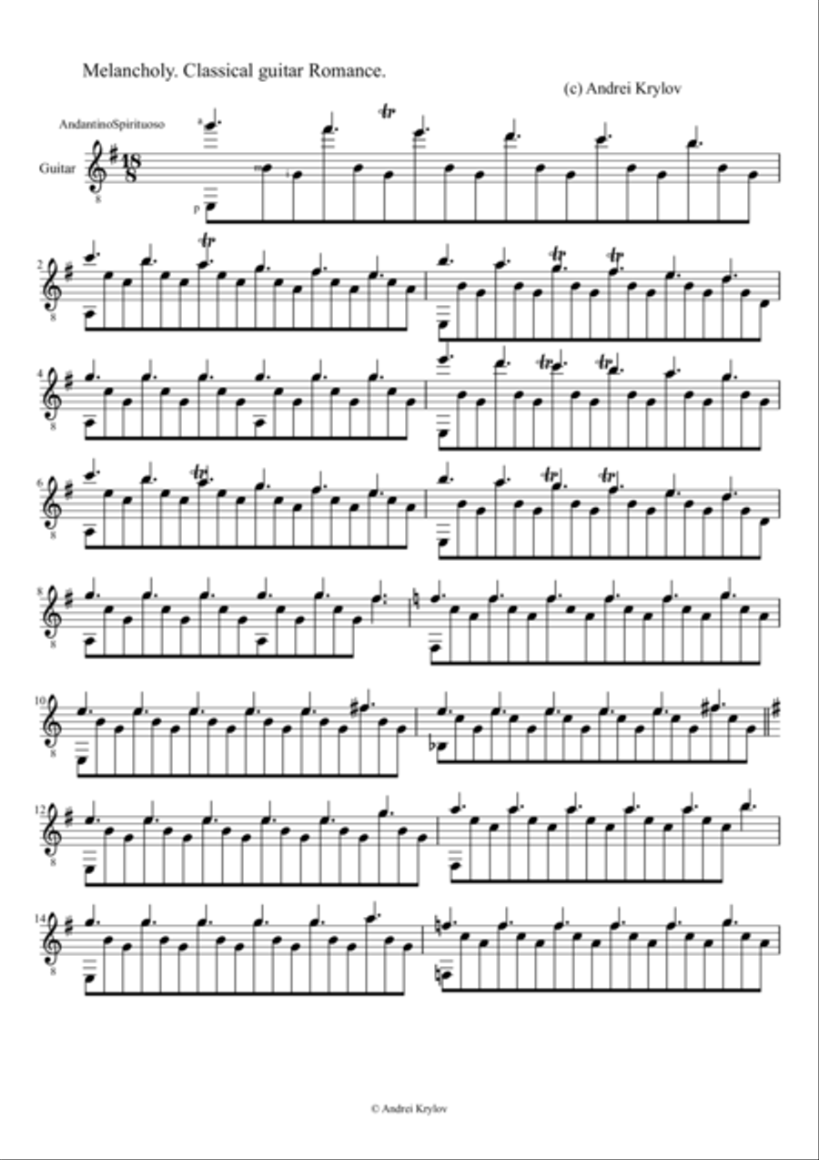 Melancholy, Classical guitar romance, music by Andrei Krylov Acoustic Guitar scores gallery preview page 1