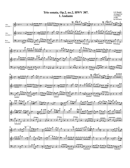 Trio sonata Op.2, no.2 HWV 387 (Arrangement for 3 recorders (AAB))