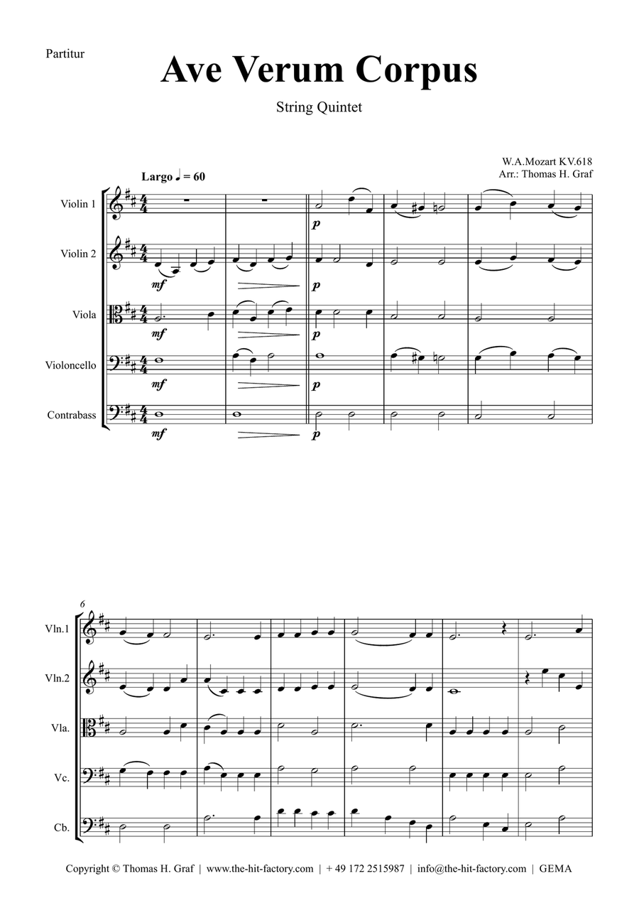 Ave Verum Corpus - W.A. Mozart - String Quintet String Quartet scores gallery preview page 1