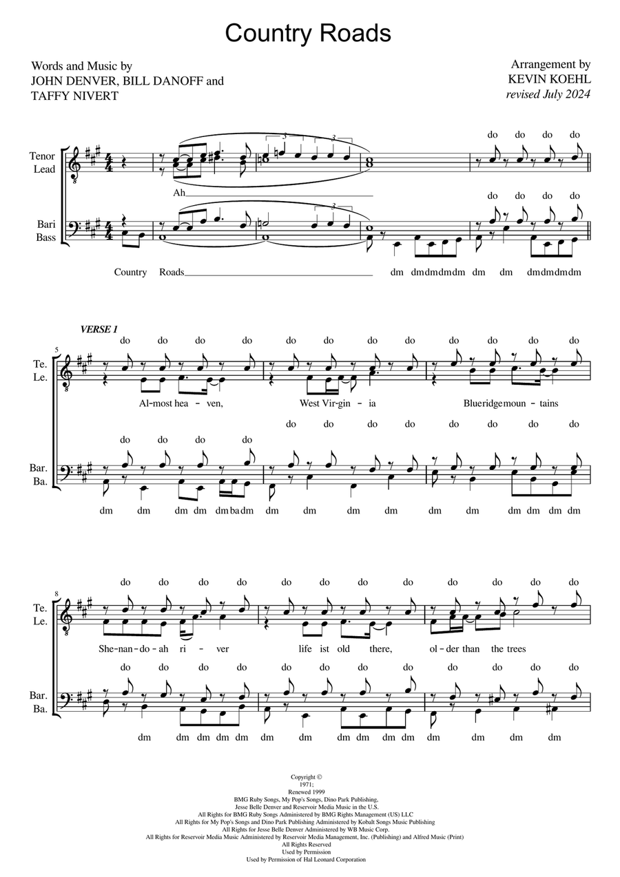 Take Me Home, Country Roads TTBB scores gallery preview page 1