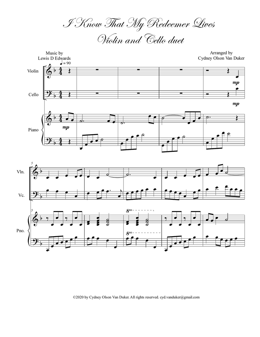 I Know That My Redeemer Lives violin and cello duet String Duet scores gallery preview page 1